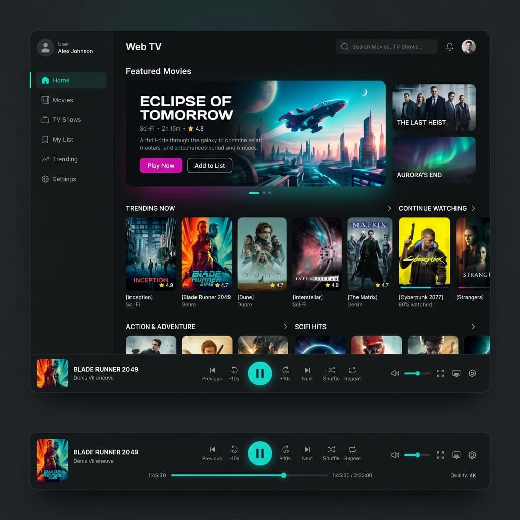 Qt Web TV dashboard showing featured categories and a movie catalogue interface